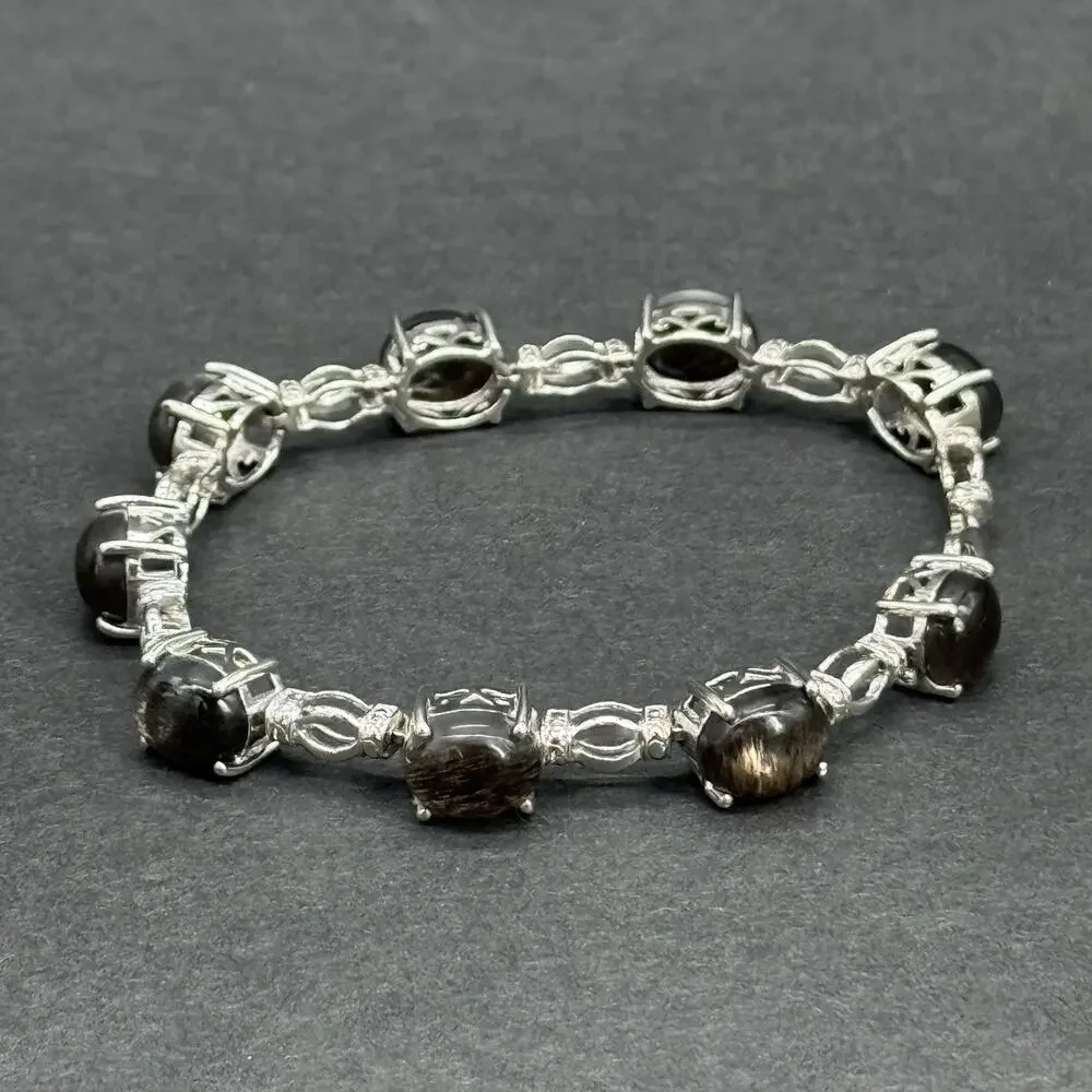 STS 925 Sterling Silver Oval Black Star Sapphire Cabochon Link Bracelet 7.5